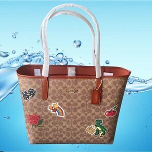 Coach City Tote Bag Purse In Signature Canvas With Sticker Print Rexy